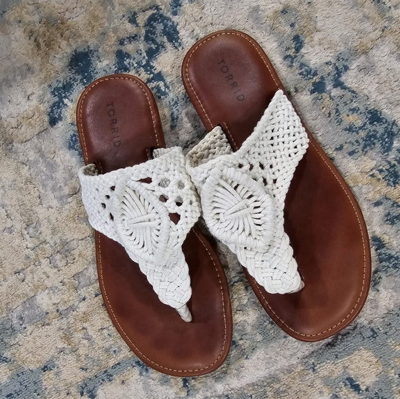 torrid Shoes - torrid White Woven Toe-Post Sandals with Brown Footbed